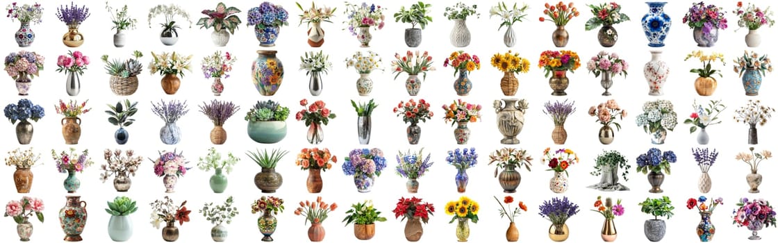 Many flower and plant in vase set of different flower and docoration style of red rose, gebera, sunflower, aloe vera, lavender, orchid and many more flowers, isolated on transparent background AIG44