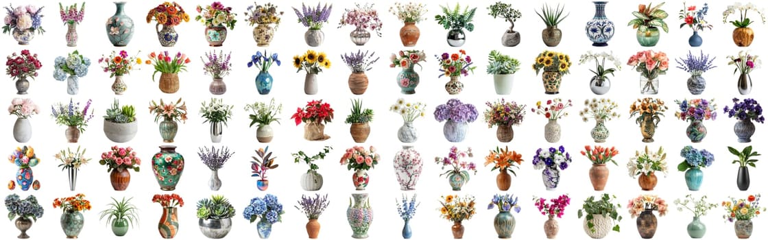 Many flower and plant in vase set of different flower and docoration style of red rose, gebera, sunflower, aloe vera, lavender, orchid and many more flowers, isolated on transparent background AIG44