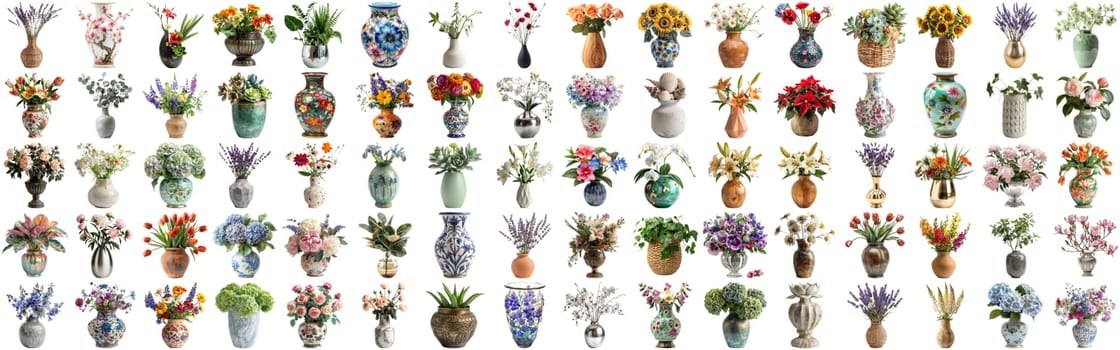 Many flower and plant in vase set of different flower and docoration style of red rose, gebera, sunflower, aloe vera, lavender, orchid and many more flowers, isolated on transparent background AIG44