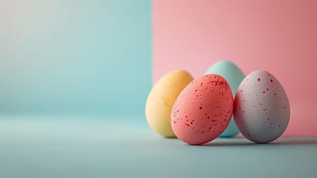 Easter eggs on blank background with pastel colours, leaving ample space for text