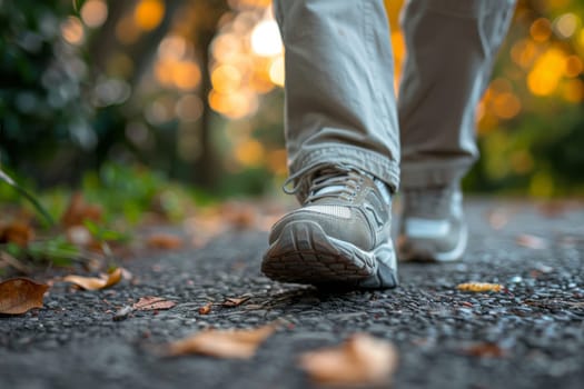 A person is walking through a forest with leaves on the ground. The person is wearing a pair of white shoes