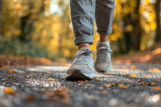 A person is walking through a forest with leaves on the ground. The person is wearing a pair of white shoes