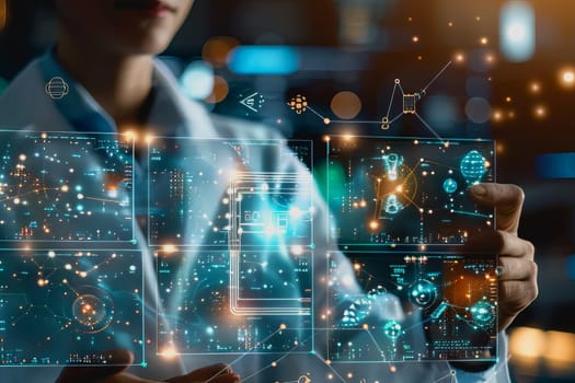 scientist is using a high tech dashboard to analyze science and Research data, technology futuristic.