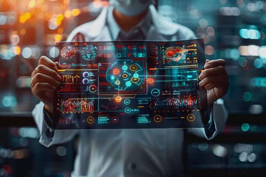 scientist is using a high tech dashboard to analyze science and Research data, technology futuristic.