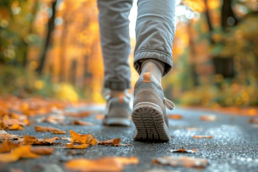 A person is walking through a forest with leaves on the ground. The person is wearing a pair of white shoes