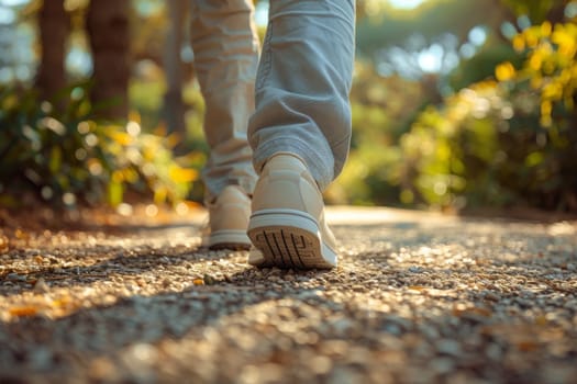 A person is walking through a forest with leaves on the ground. The person is wearing a pair of white shoes