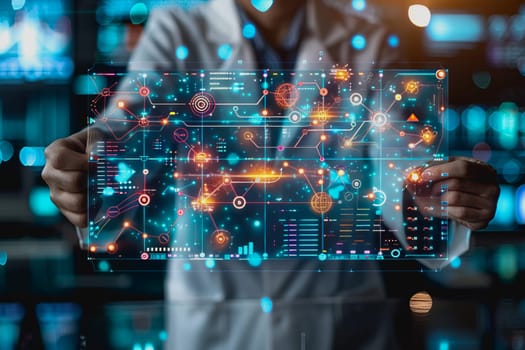 scientist is using a high tech dashboard to analyze science and Research data, technology futuristic.