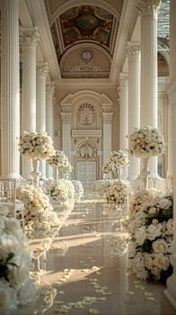 A long, white hall with white pillars and a clock on the wall.