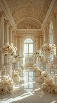 A long, white hall with a white archway and white pillars. The archway is decorated with flowers and the pillars are topped with vases