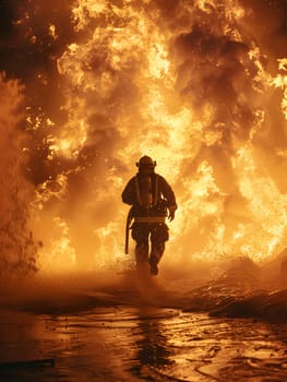 A fireman races through the blazing inferno, using water to extinguish the flames. The heat of the fire contrasts with the cool sky and lake in the horizon