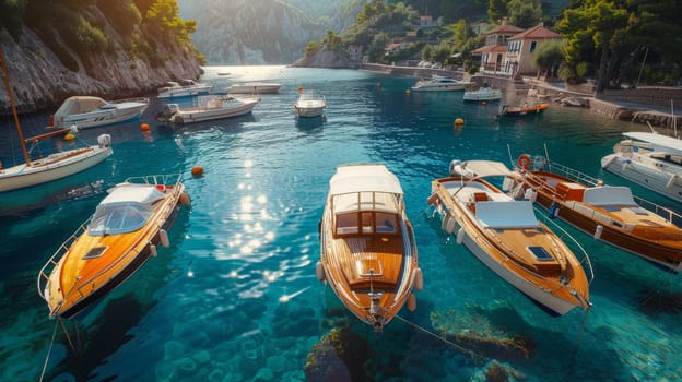 A group of boats are docked in a marina, with the water clear and calm. The boats are of various sizes and colors, including yellow and white. Concept of relaxation and leisure