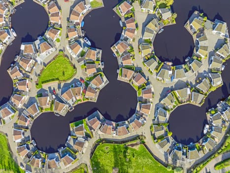 Aerial from houses and boats in the city Lemmer in Friesland the Netherlands