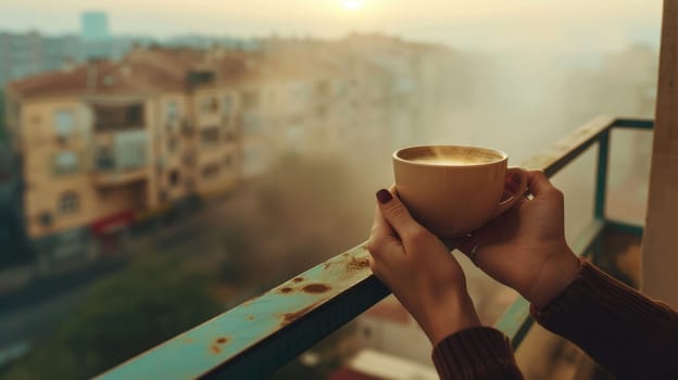 The picture of the person holding the cup of the coffee or other type of beverages on the top of the building in the morning with the bright of the sun that can be portray as the relaxation. AIG43.