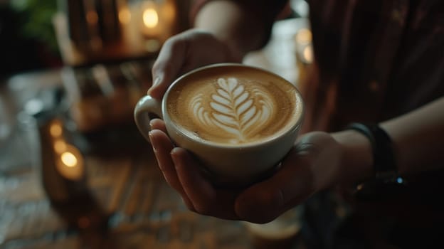 The close up picture of the person is holding the cup of latte art coffee by their own hand inside the room for the relaxation with the coffee that has been draw on the surface with the milk. AIG43.