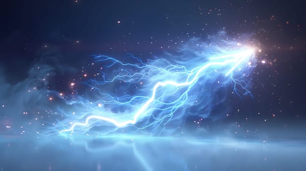 An electric blue lightning bolt streaks through the dark atmosphere, illuminating the sky and creating a dramatic geological phenomenon