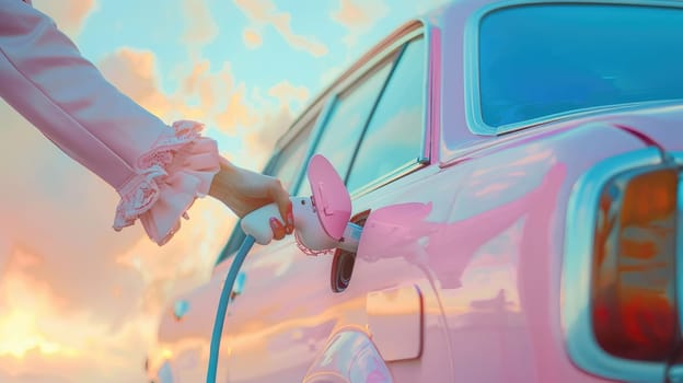 The pastel picture of the person holding the charger to charging the electric vehicle or ev car, the chargeable car is the new technology in renewable green energy that friendly to the world. AIG43.