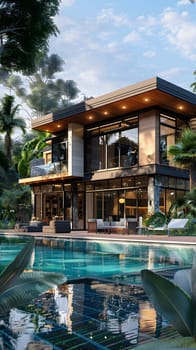 A luxurious house with a shimmering swimming pool set in front, surrounded by green trees and under the beautiful blue sky