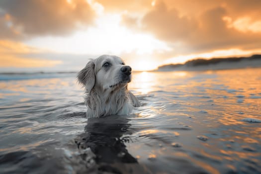 Happy dog swimming in the sea at the beach