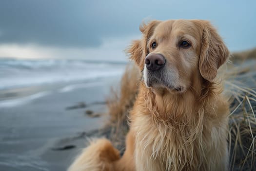 Happy golden retriever on the beach