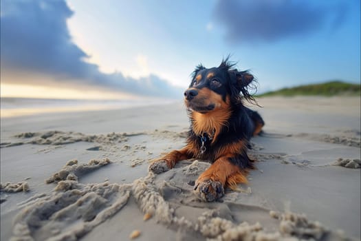 Happy dog enjoying a sunset on the beach