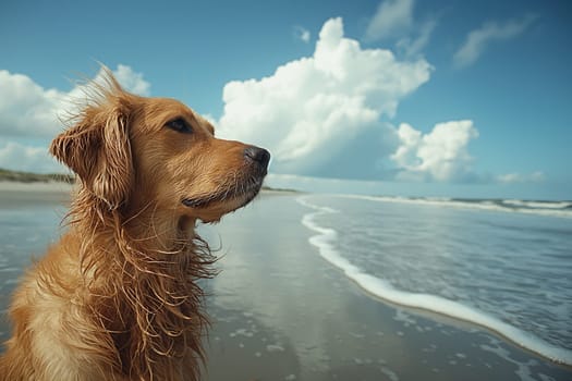 Happy golden retriever on the beach