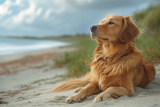 Happy golden retriever on the beach