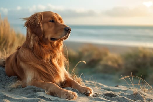 Happy dog enjoying a sunset on the beach