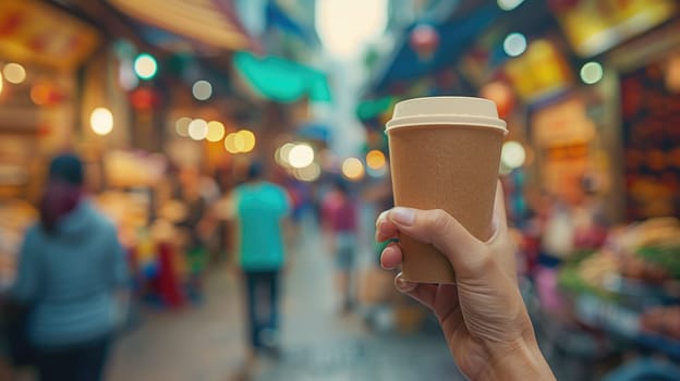 The close up picture of the person is holding the cup of the coffee by their own hand and walking on a street for relaxation also surrounded by building in city with people on blur background. AIG43.