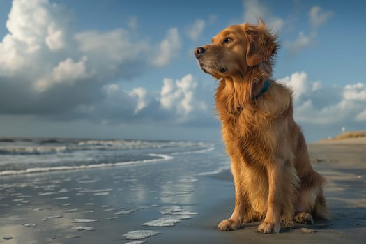 Happy golden retriever on the beach