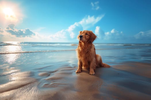 Happy golden retriever on the beach