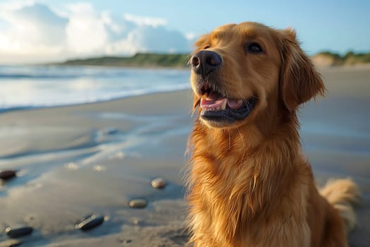 Happy golden retriever on the beach