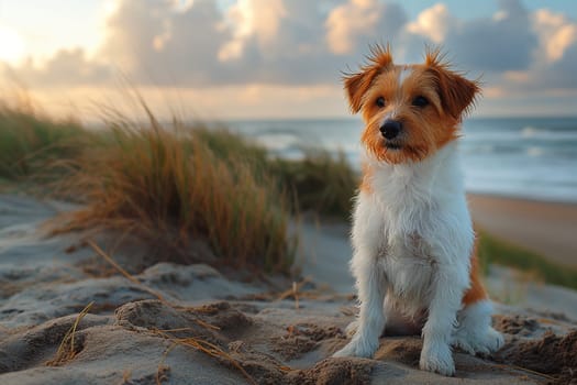 Happy dog enjoying a sunset on the beach