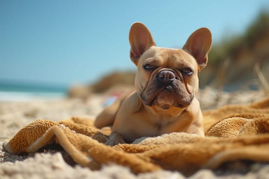 A French Bulldog relaxing on the beach during sunset