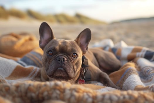 A French Bulldog relaxing on the beach during sunset