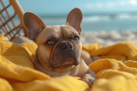 A French Bulldog relaxing on the beach during sunset