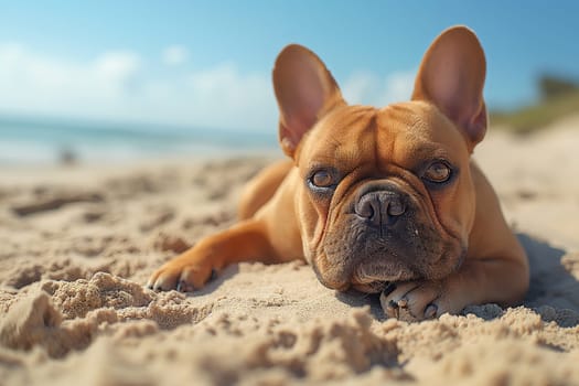 A French Bulldog relaxing on the beach during sunset