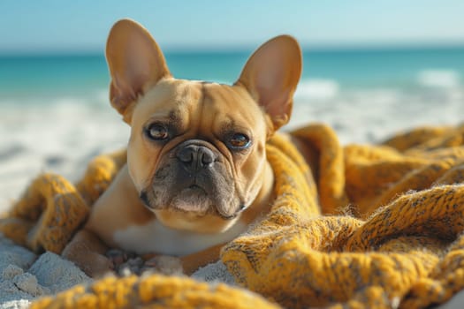 A French Bulldog relaxing on the beach during sunset