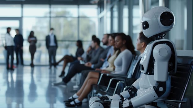 The picture of the unemployed robot sitting next to the group of human for an appointment of the interview, the interview require preparation, resume review, practice and communication skill. AIG43.