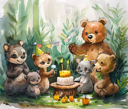 A group of mammal vertebrates, known as bears, are celebrating a birthday with a cake. These carnivorous organisms are enjoying the party with an artthemed toy and a fawn houseplant as decoration