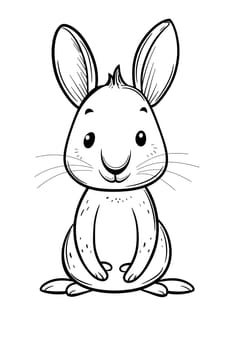 A black and white cartoon drawing of a rabbit sitting down, showing its expressive facial expression, long ears, whiskers, and humanlike gesture