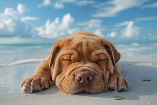 A sharpei relaxing and sleeping on the beach