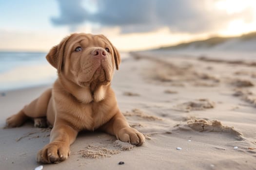 A sharpei relaxing on the beach during sunset