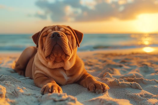 A sharpei relaxing on the beach during sunset