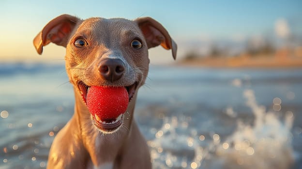 Happy dog at the beach with a ball, playing in the water