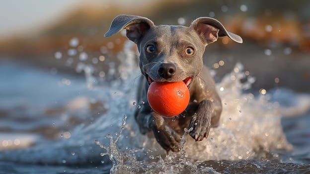 Happy dog at the beach with a ball, playing in the water