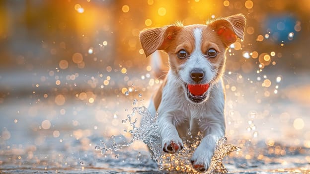 Happy dog at the beach with a ball, playing in the water