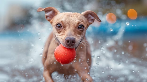 Happy dog at the beach with a ball, playing in the water