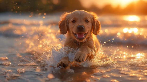 Happy dog swimming in the sea at the beach