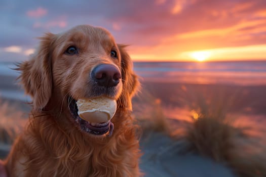 Happy golden retriever eating ice cream on the beach