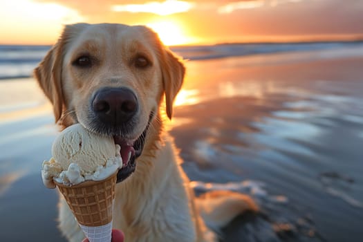 Happy golden retriever eating ice cream on the beach